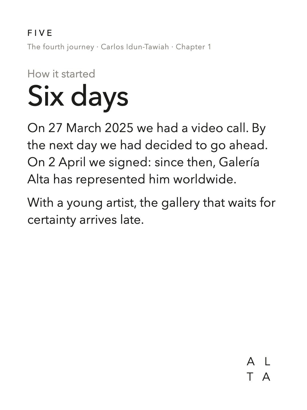 Five, Chapter 1 · Six days (3/20)