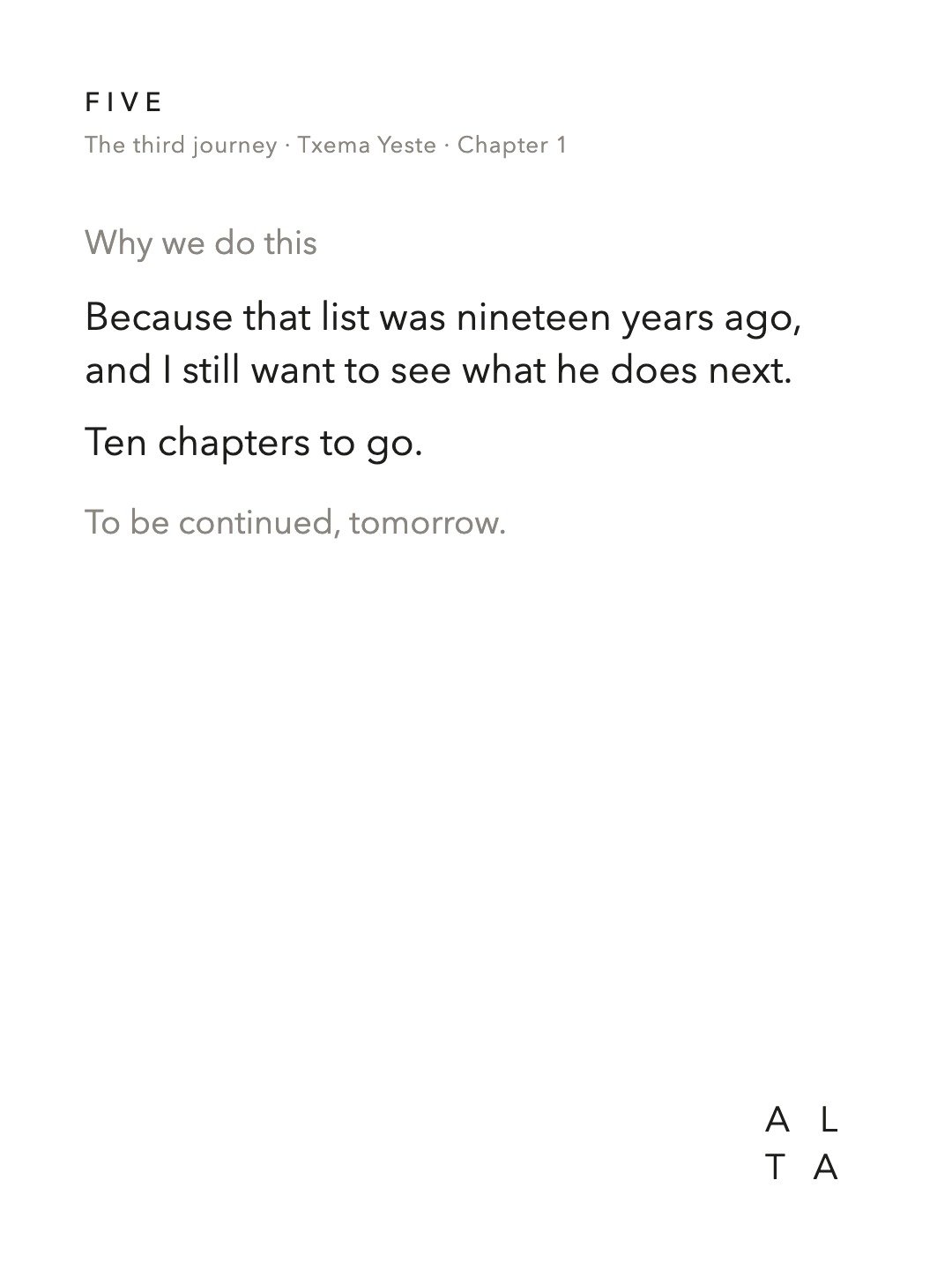 Five, Chapter 1 · A list (19/20)