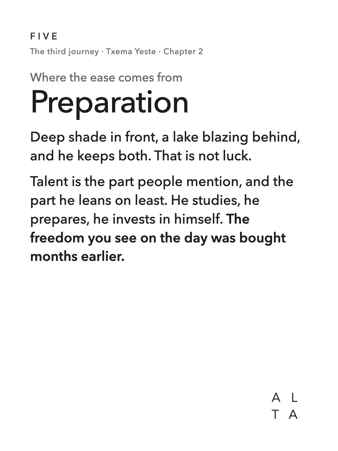 Five, Chapter 2 · The hard part never shows (16/20)