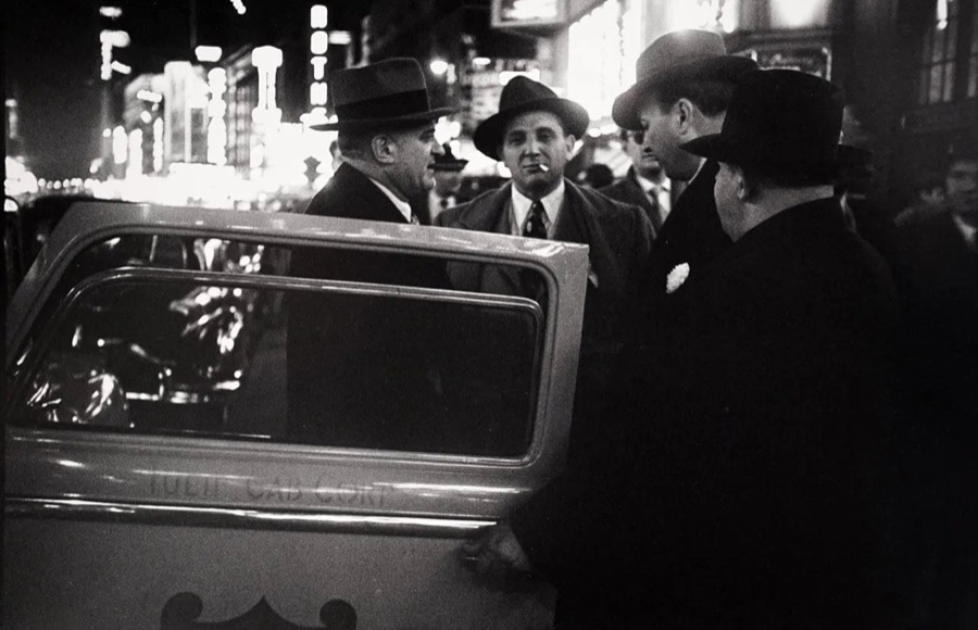 Louis Faurer, Untitled, New York City (four men with cab door), 1950